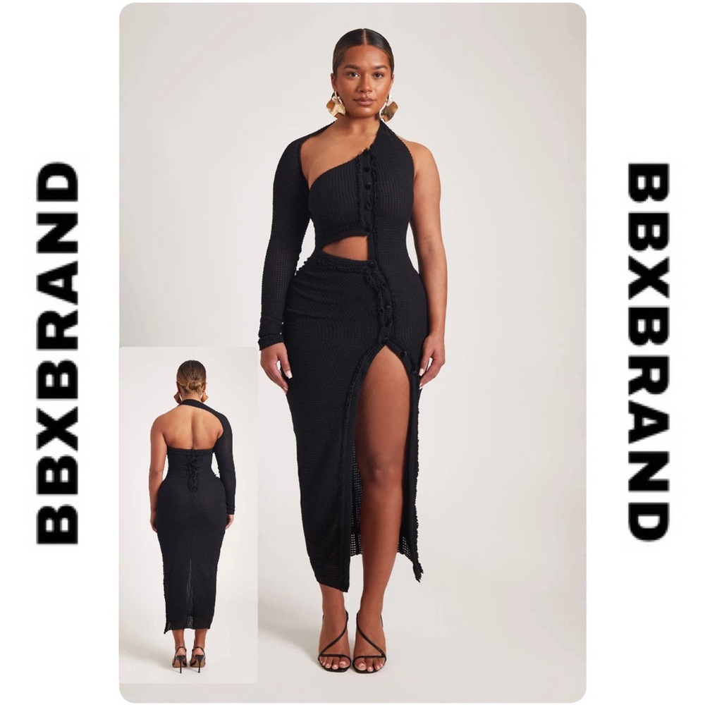 BBXBRAND RAW EDGE BUTTONED ASYMMETRIC MAXI DRESS BLACK SIZE SMALL NWT